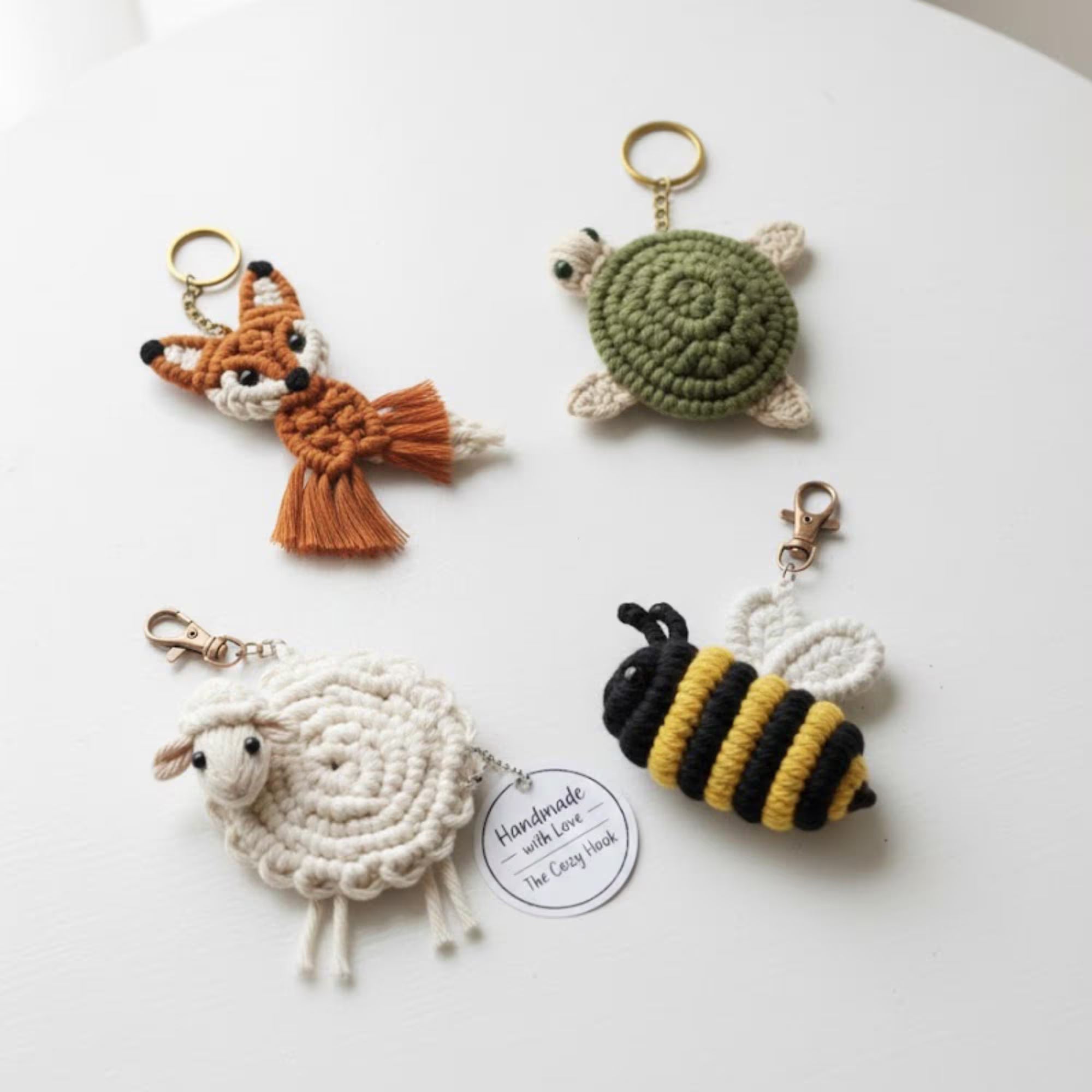 Crochet Animal Keychain Pattern Bundle – Fox, Turtle, Lamb, and Bee – Amigurumi Macrame Style PDF Tutorial – Beginner Friendly DIY Gift