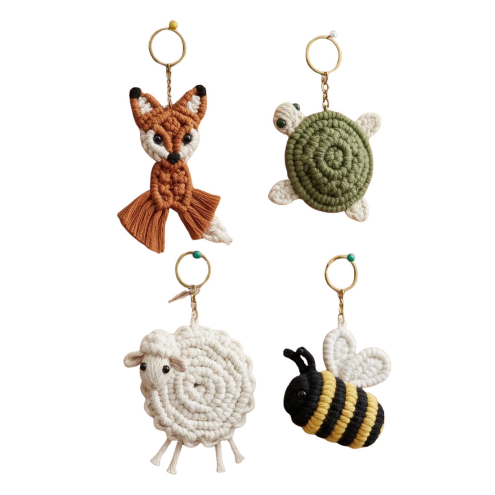 Crochet Animal Keychain Pattern Bundle – Fox, Turtle, Lamb, and Bee – Amigurumi Macrame Style PDF Tutorial – Beginner Friendly DIY Gift