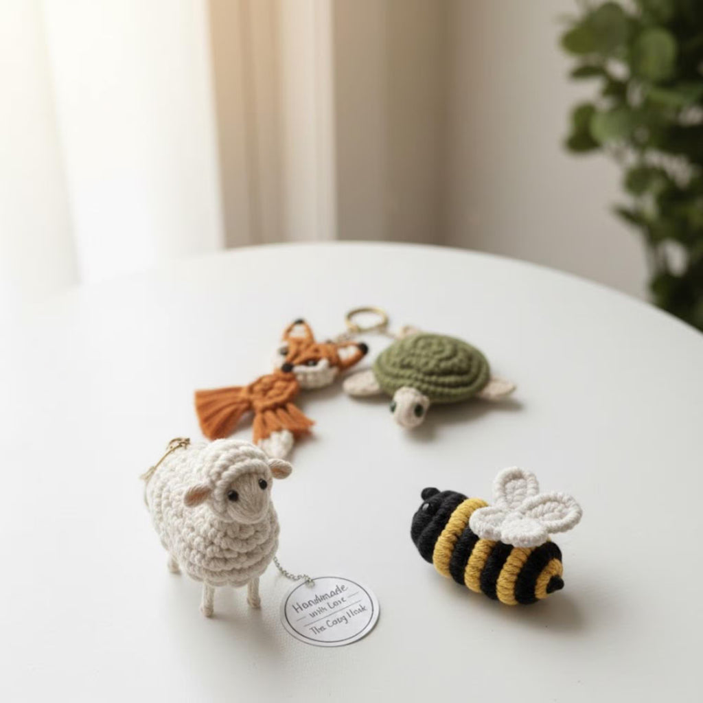 Crochet Animal Keychain Pattern Bundle – Fox, Turtle, Lamb, and Bee – Amigurumi Macrame Style PDF Tutorial – Beginner Friendly DIY Gift