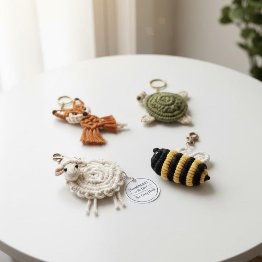 Crochet Animal Keychain Pattern Bundle – Fox, Turtle, Lamb, and Bee – Amigurumi Macrame Style PDF Tutorial – Beginner Friendly DIY Gift