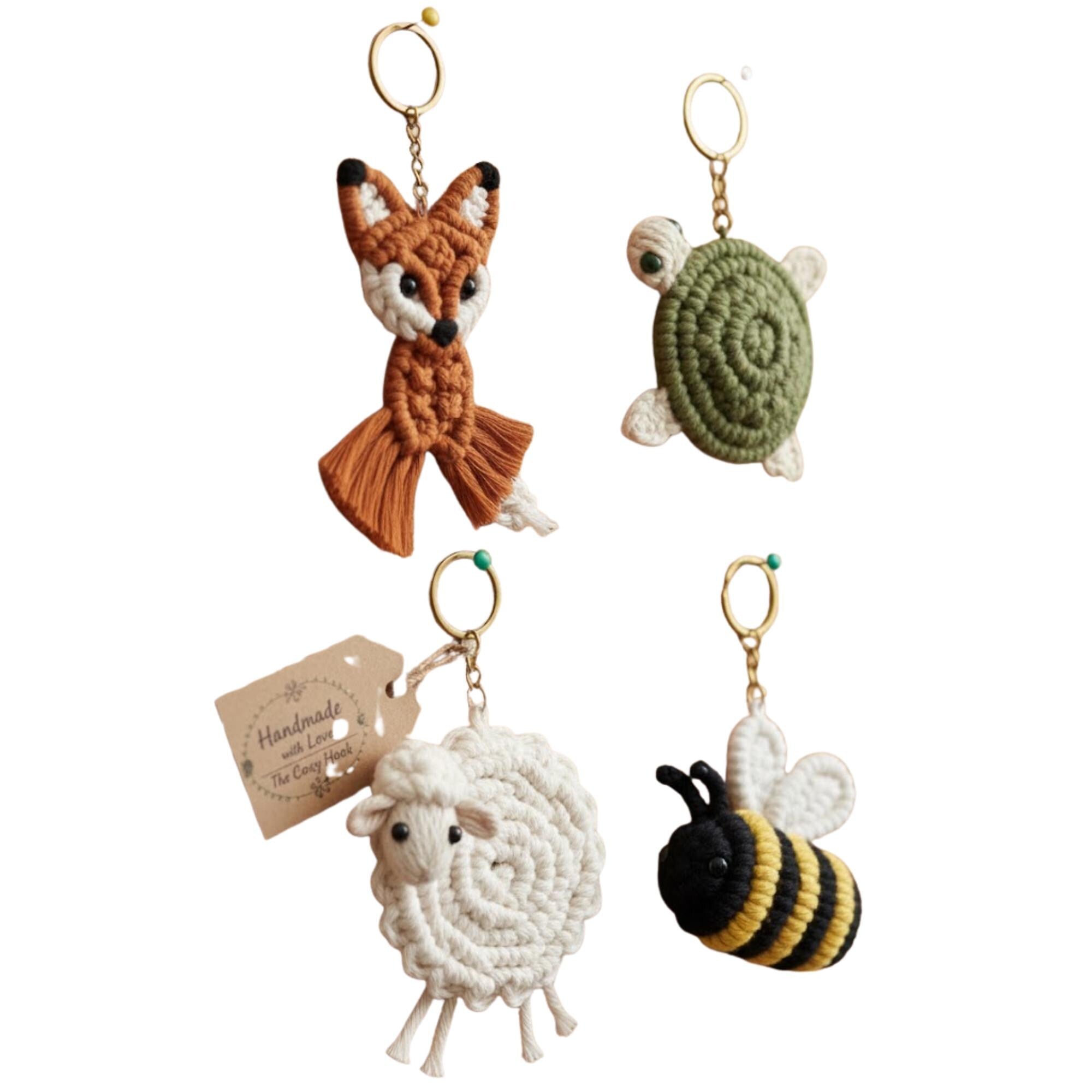 Crochet Animal Keychain Pattern Bundle – Fox, Turtle, Lamb, and Bee – Amigurumi Macrame Style PDF Tutorial – Beginner Friendly DIY Gift