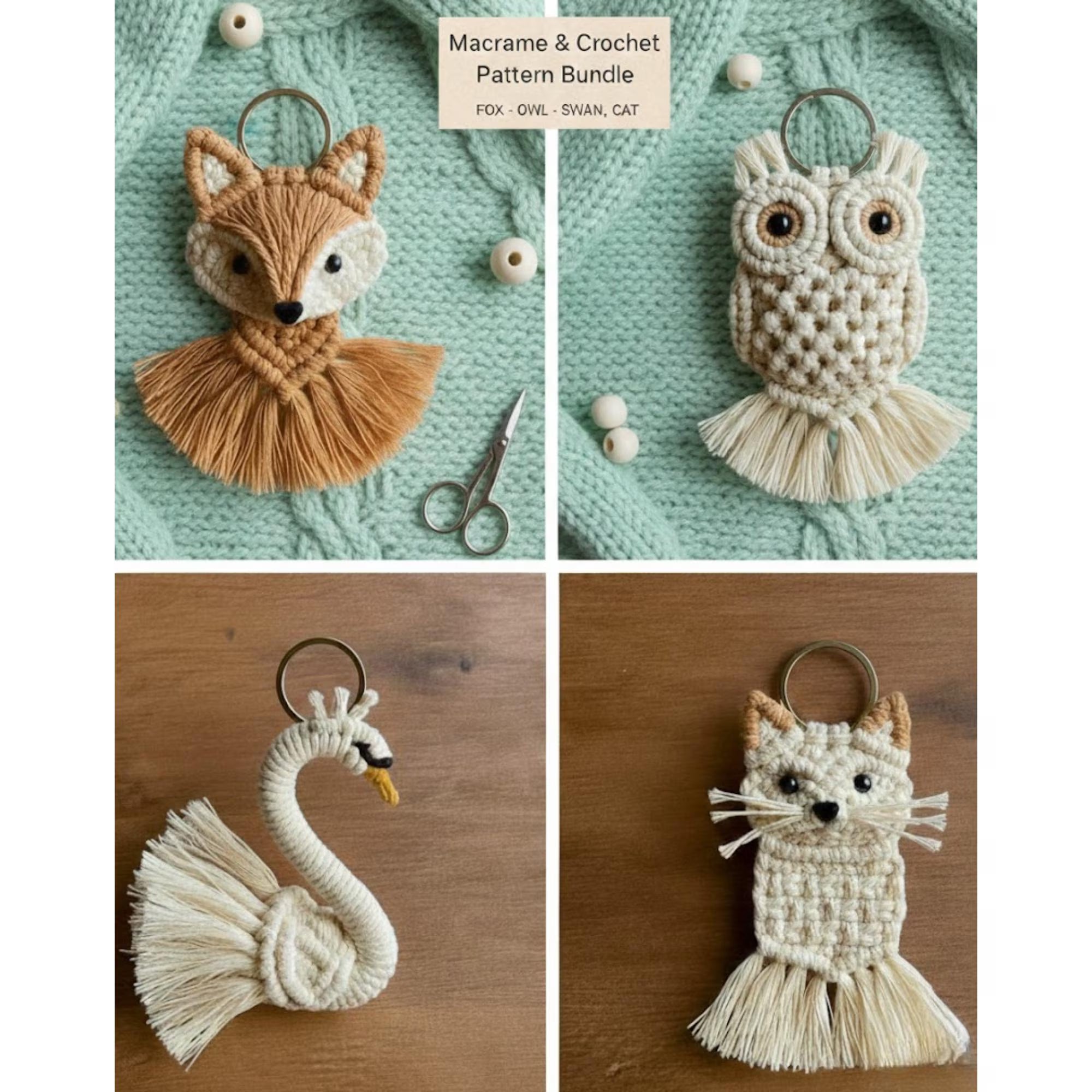 Animal Macrame and Crochet Keychain Pattern Bundle - DIY Fox, Owl, Swan, and Cat Keychain Tutorial - Step-by-Step PDF Pattern