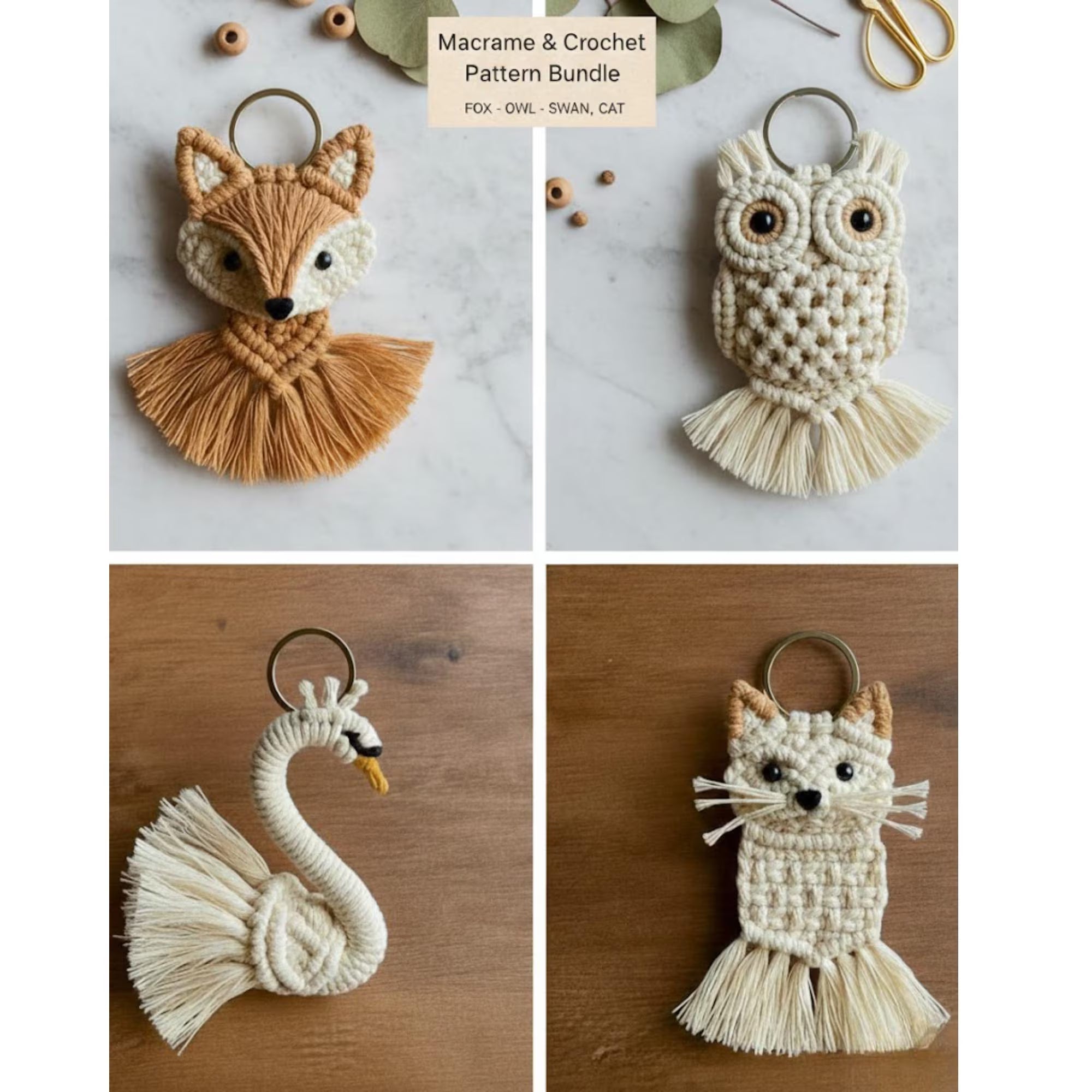 Animal Macrame and Crochet Keychain Pattern Bundle - DIY Fox, Owl, Swan, and Cat Keychain Tutorial - Step-by-Step PDF Pattern