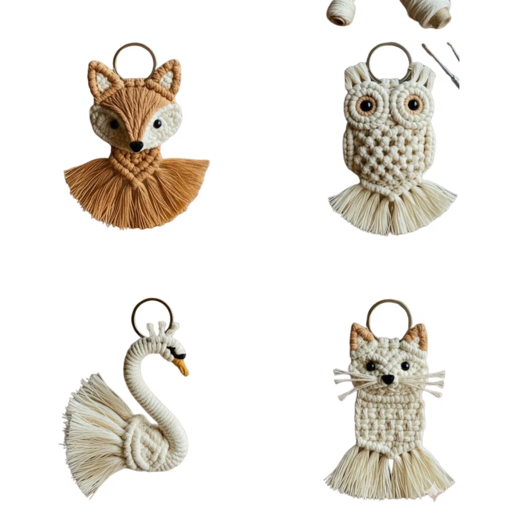 Animal Macrame and Crochet Keychain Pattern Bundle - DIY Fox, Owl, Swan, and Cat Keychain Tutorial - Step-by-Step PDF Pattern