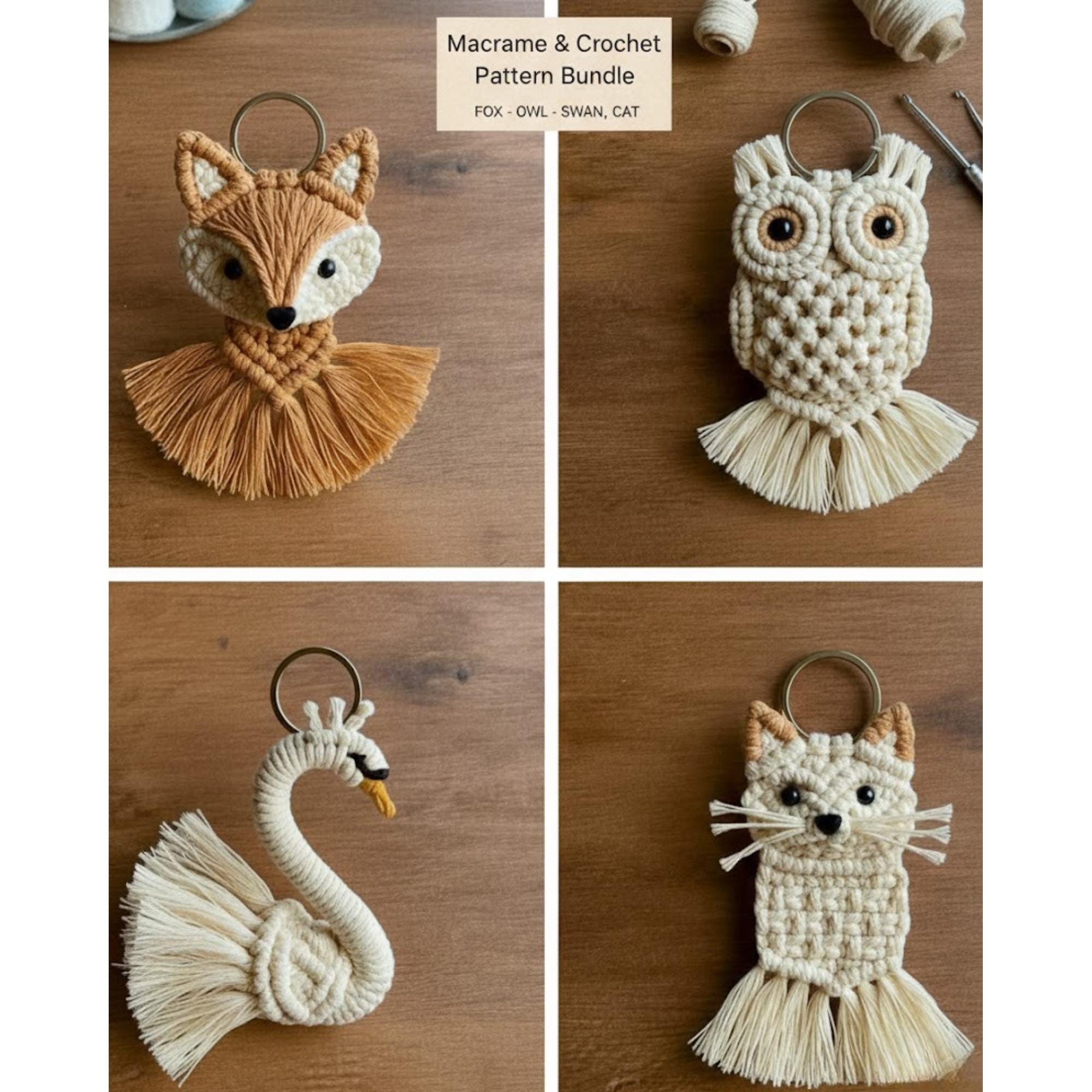 Animal Macrame and Crochet Keychain Pattern Bundle - DIY Fox, Owl, Swan, and Cat Keychain Tutorial - Step-by-Step PDF Pattern